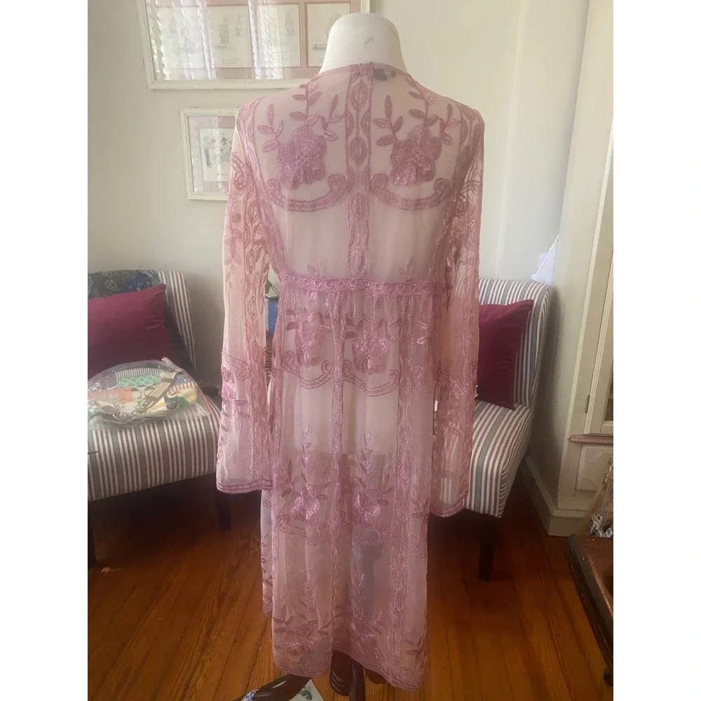 Haute Monde‎ swim coverup Sz S  Mesh pink embroidery Sheer Tassel Tie Kimono